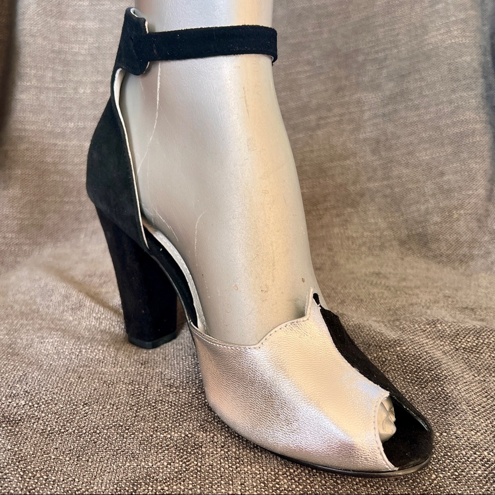 Bianca Luck handmade leather / suede peep toe ankle strap black / silver heels